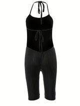 Sexy Velvet Halter Romper for Women - Backless Tie-Up Jumpsuit with Ribbed Texture, Machine Washable, Green, Perfect for Spring/Summer Parties, Plus Rompers And Jumpsuits