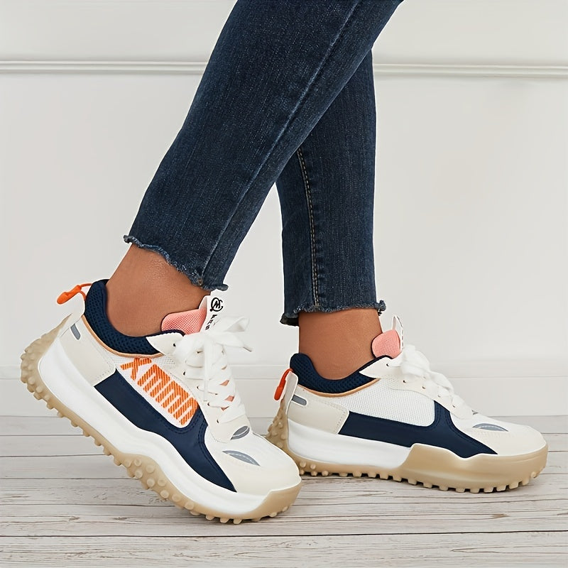 Women Thick Sole Shock Absorption Chunky Sneakers, Wear Resistance Lace Up Sport Shoes, Casual Versatile Breathable Comfortable Running Shoes