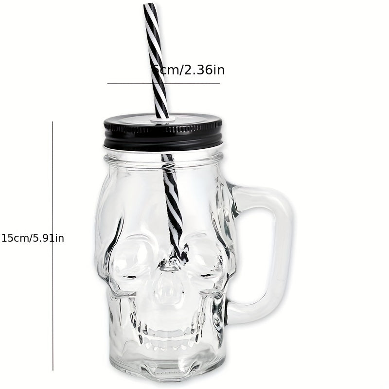 1pc Skull Mason Jar Mug Glass With Lid And Straw, Halloween Decoration, Drinking Glass for restaurants/hotels