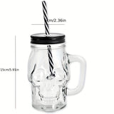 1pc Skull Mason Jar Mug Glass With Lid And Straw, Halloween Decoration, Drinking Glass for restaurants/hotels
