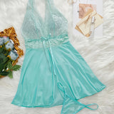 Elegant V-Neck Lace Halter Sleep Dress for Women - Sexy, Semi-Sheer Straight Skirt Nightgown with Micro Elasticity, Perfect for All Seasons