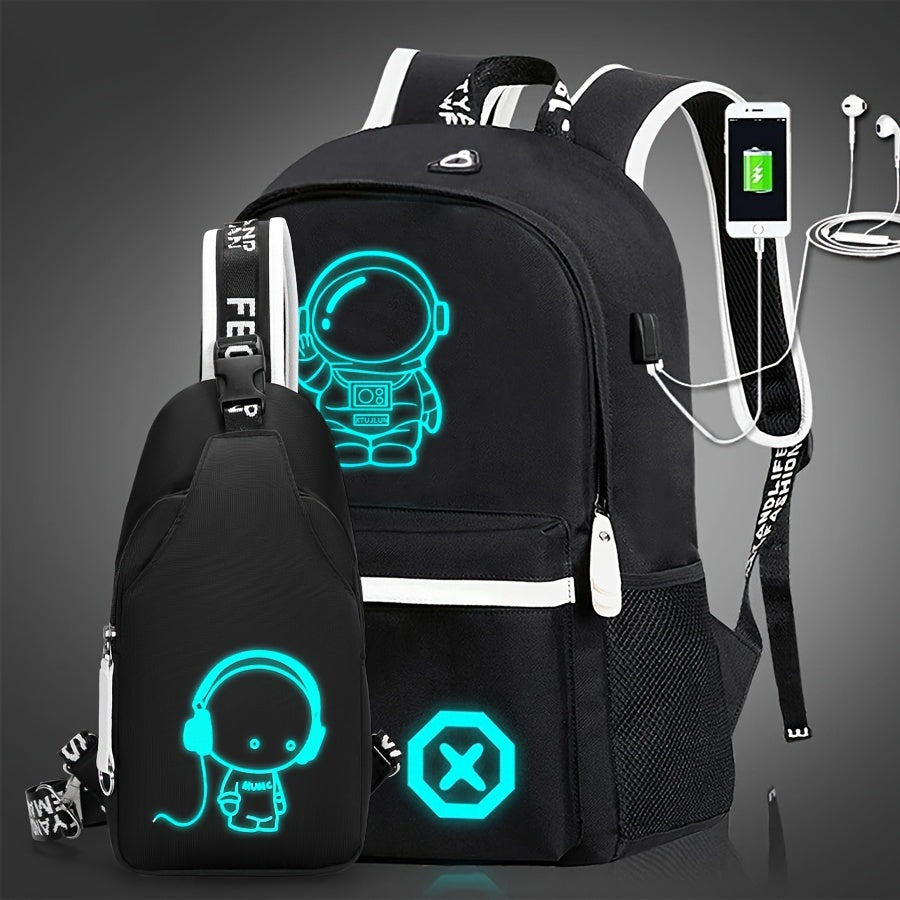2pcs/set Cartoon Print Large Capacity Casual Backpack, 2-Piece Set: Travel Backpack, School Bag, Chest Bag