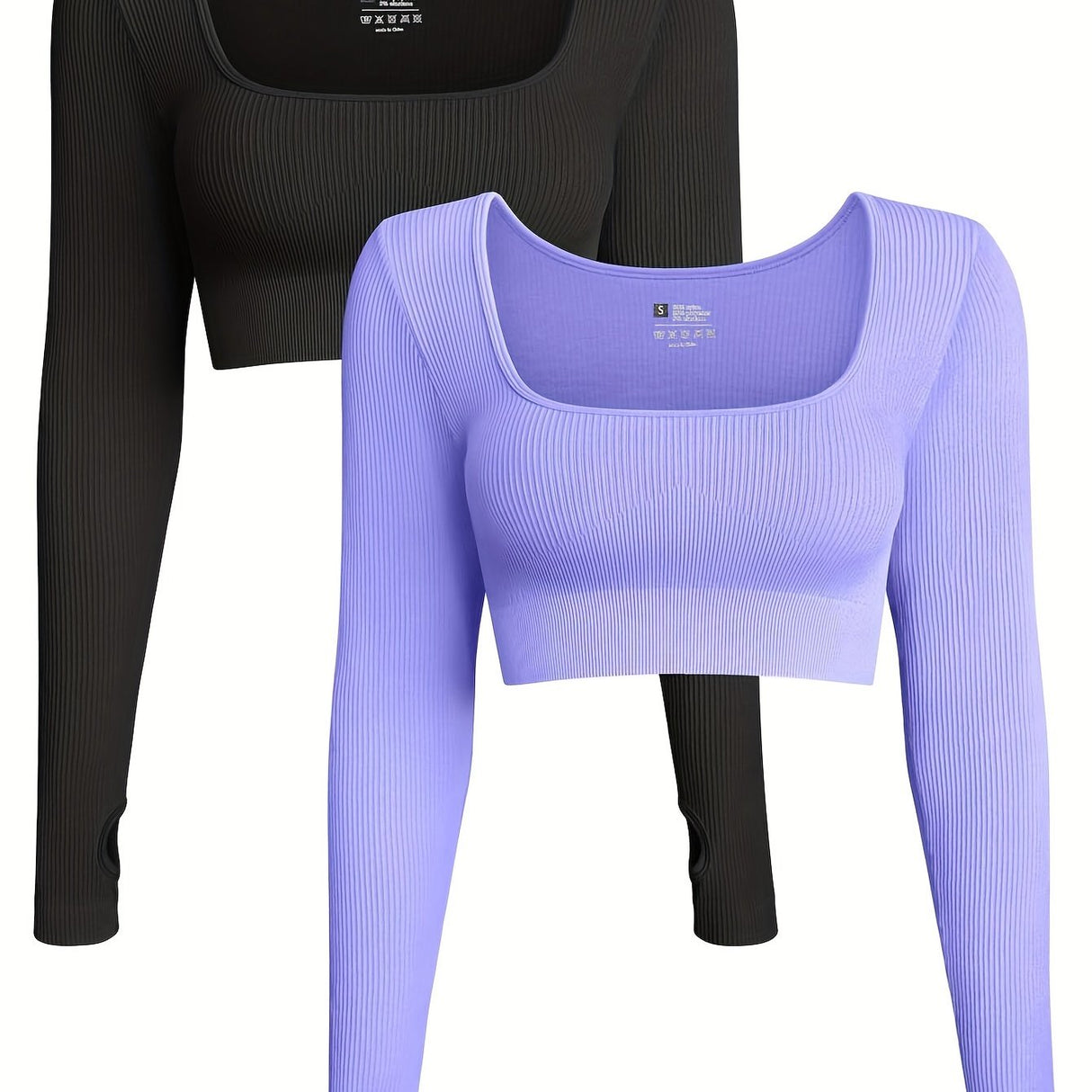 OQQ Women's 2 Piece Crop Top Ribbed Seamless Workout Exercise Long Sleeve Crop Tops