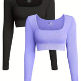 OQQ Women's 2 Piece Crop Top Ribbed Seamless Workout Exercise Long Sleeve Crop Tops