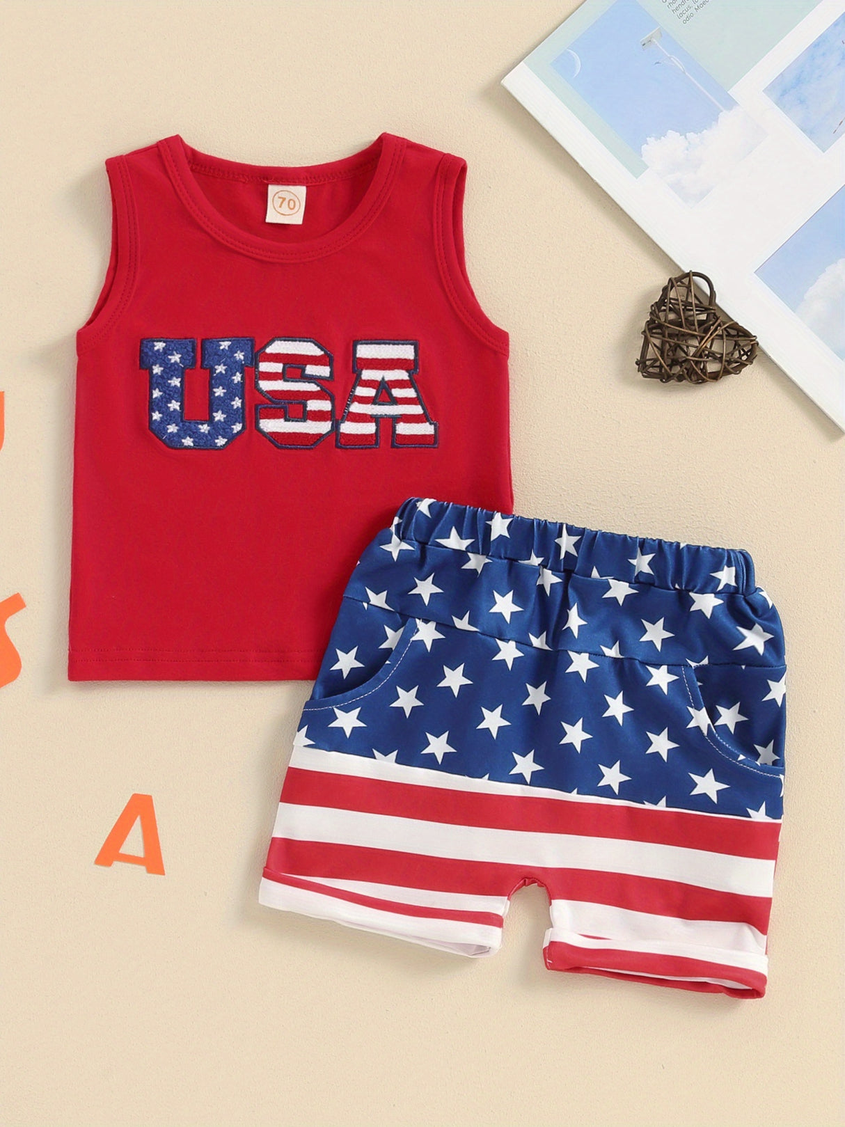 4th of July Toddler Boys Outfits Fuzzy Letter Embroidered Tank Tops and Stripe Stars Print Shorts 2pcs Clothes Set, Perfect for Outdoor