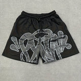 Casual Retro Hip Hop Print Drawstring Shorts for Men & Women - Y2K-Inspired Cotton Blend, Machine Washable, Streetwear Fashion