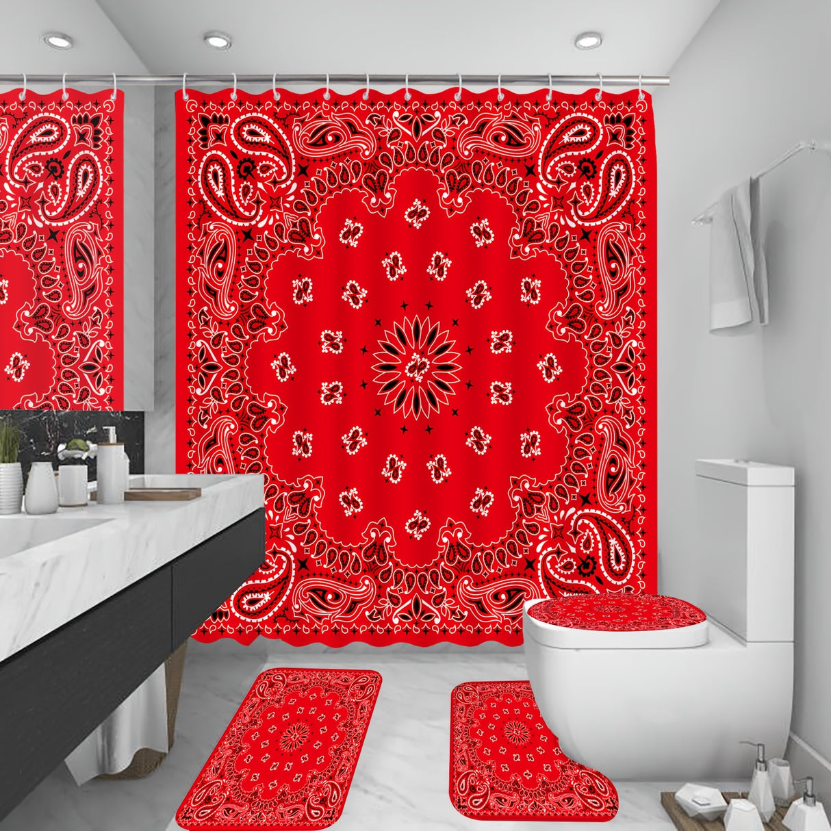 1/4pcs Deluxe Bathroom Essentials Set - Waterproof Shower Curtain with 12 Hooks, Non-Slip Bath Rug, U-Shape Mat, Toilet Lid Cover Pad - Complete Bathroom Accessories and Home Decor Solution