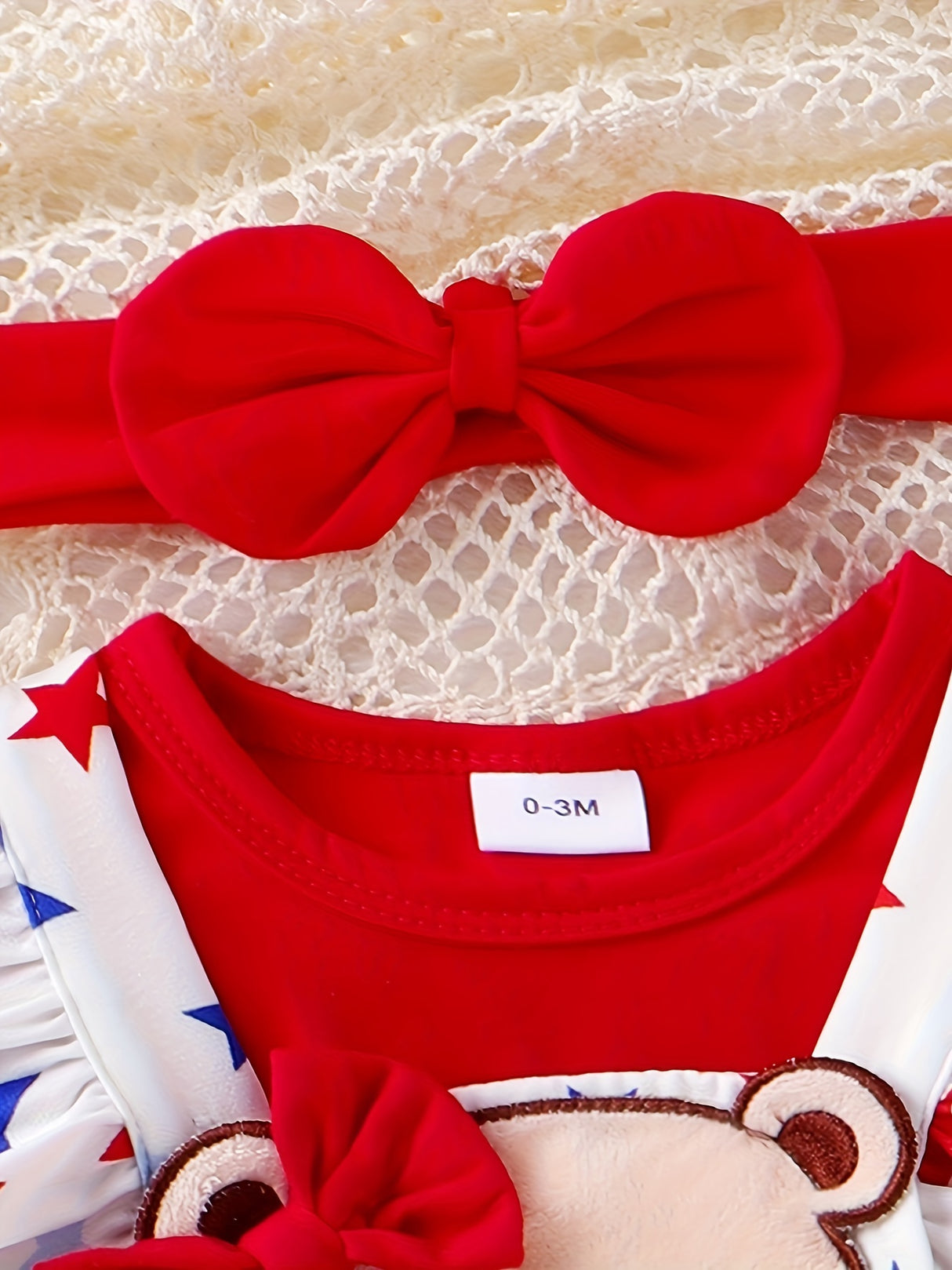 Baby Girl Newborn Romper with Red Head Knot, Short Sleeve, Star Print Bear Embroidery & Sling Skirt - Cotton Blend, Cute Style, Summer Wear, 0-18 Months, Perfect for Outdoor