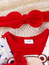 Baby Girl Newborn Romper with Red Head Knot, Short Sleeve, Star Print Bear Embroidery & Sling Skirt - Cotton Blend, Cute Style, Summer Wear, 0-18 Months, Perfect for Outdoor