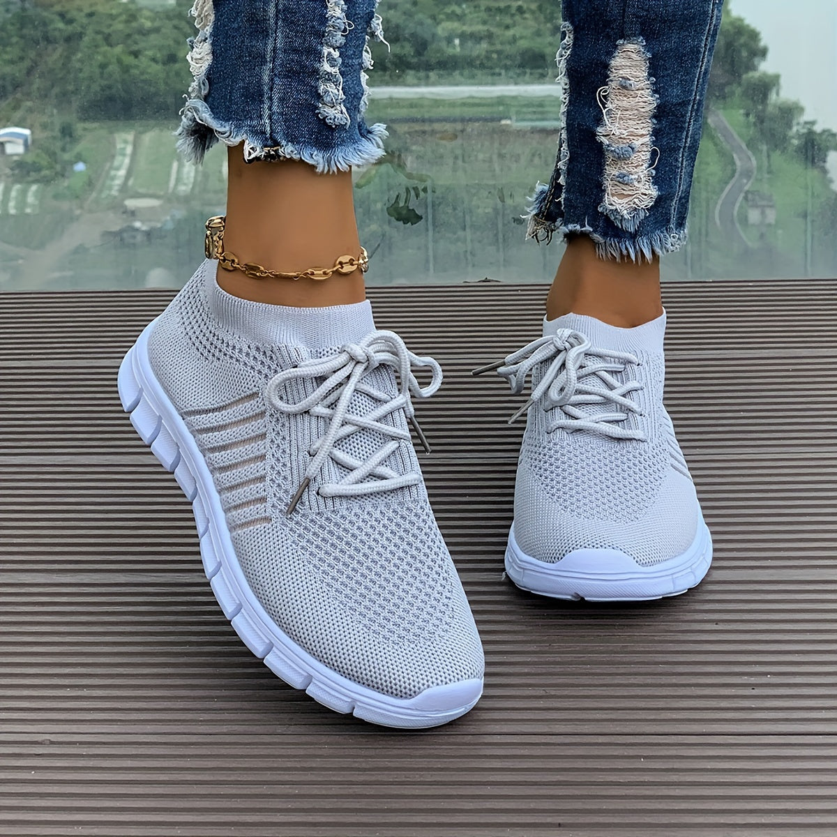 Women's Mesh Breathable Running Shoes, Solid Color Lace Up Front Summer Walking Shoes, Flying Woven Casual Sneakers