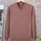 All Match Knitted Solid Sweater, Men's Casual Warm Slightly Stretch V Neck Pullover Sweater For Men Fall Winter