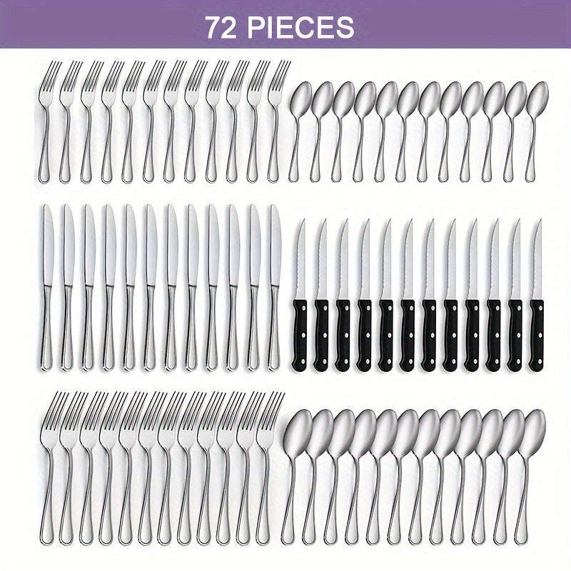 48/72pcs Silverware Set, Including Steak Knife, Premium Stainless Steel Cutlery Set, Knife, Spoon, And Fork Set, Dishwasher Washable, Stylish Design