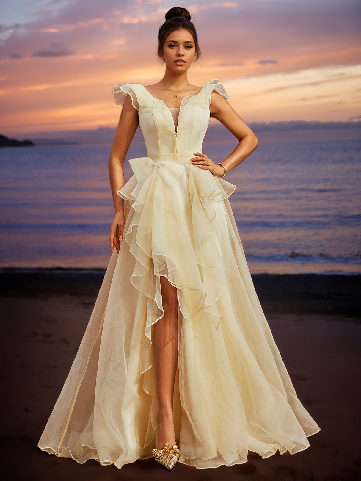 Elegant Off-Shoulder Ruffle Trim Gown with Bow Detail - Deep V-Neck, Backless Design, High Slit Mesh Evening Dress for Women, Perfect for Parties, Banquets, and Formal Events, Party Dress | Offshoulder Gown | Hemline Accent,