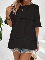 Solid Ruffle Trim Blouse, Vacation Cut Out Crew Neck Summer Blouse, Women's Clothing