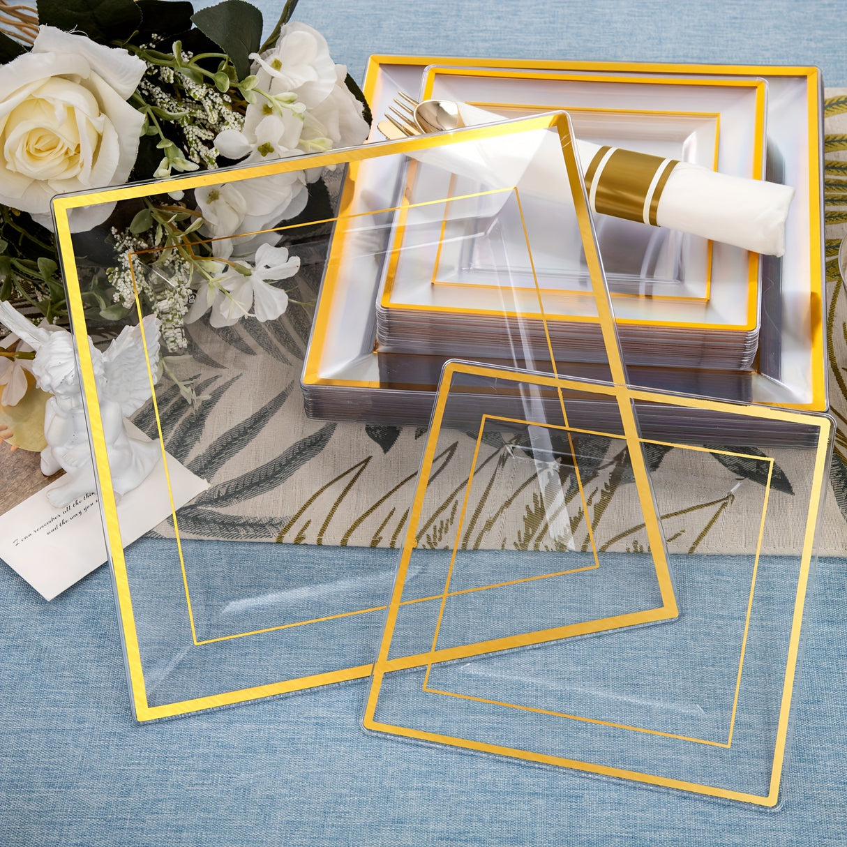 175 PCS Clear Gold Plastic Plates, Gold Plastic Dinnerware Sets Includes: 25 Dinner Plates, 25 Salad Plates, 25 Pre Rolled Napkins with Gold silverware, 25 Cups 9 OZ, Perfect for Wedding and Party (gold/rose gold), Hand washa