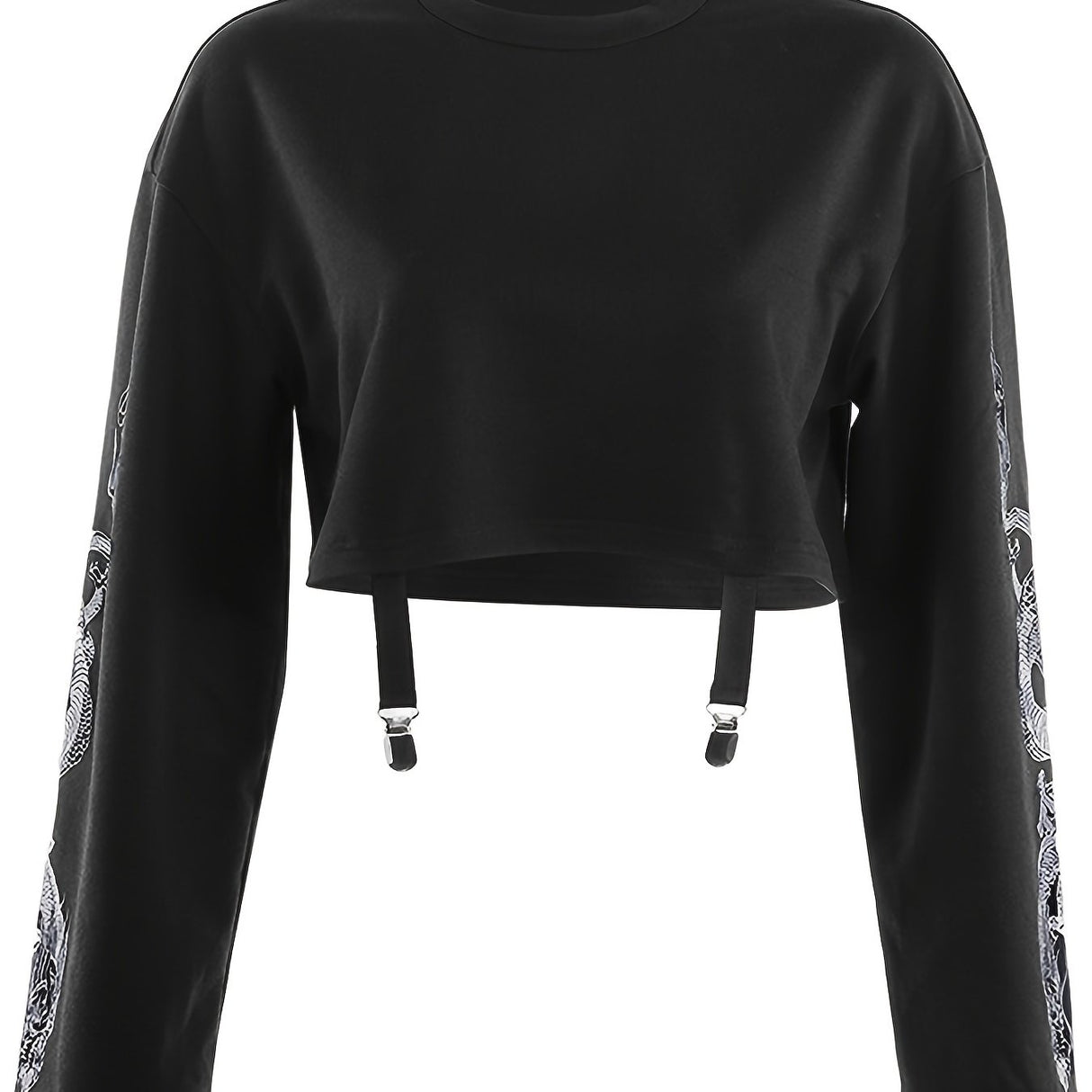 Women Long Sleeve Crop Tops Chinese Dragon Print O Neck Punk T-Shirt Girls Fashion Casual Hip Hop Pullover
