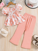 Girls 2pcs Shirred Shirt & Elastic Waist Flared Pants Set Floral Print Short Puff Sleeve Top Elegant Kids Clothes Summer