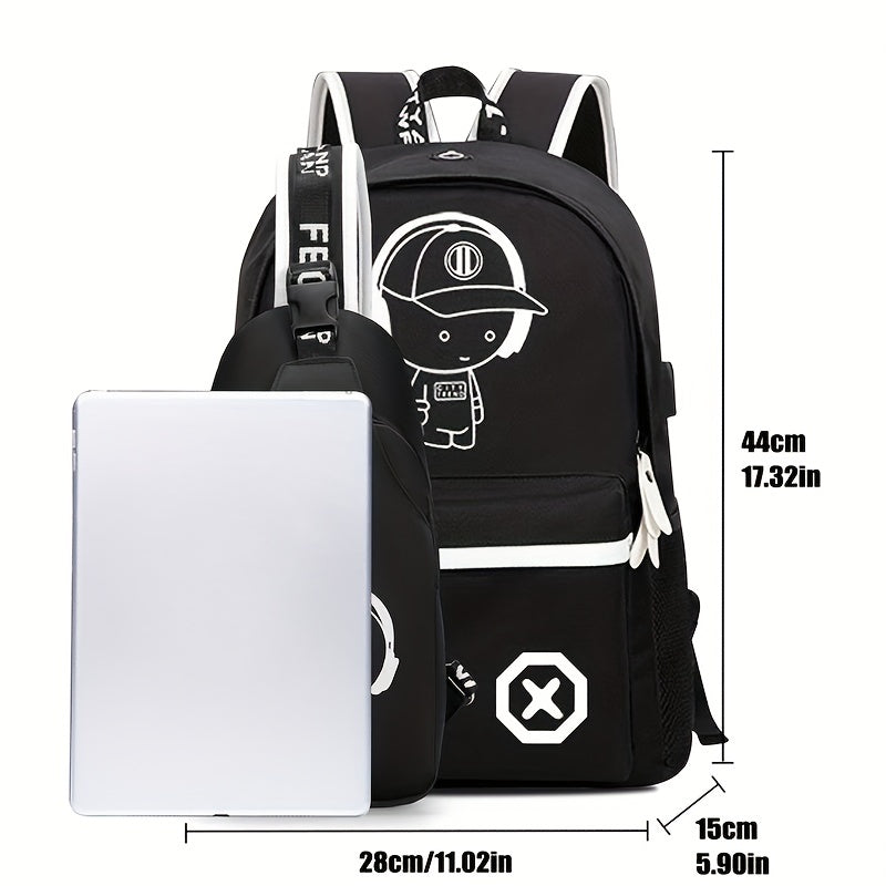 2pcs/set Cartoon Print Large Capacity Casual Backpack, 2-Piece Set: Travel Backpack, School Bag, Chest Bag
