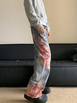 High Street Hip-hop Flared Jeans For Men And Women Summer Street Design LaceSplicing Mopping Pants