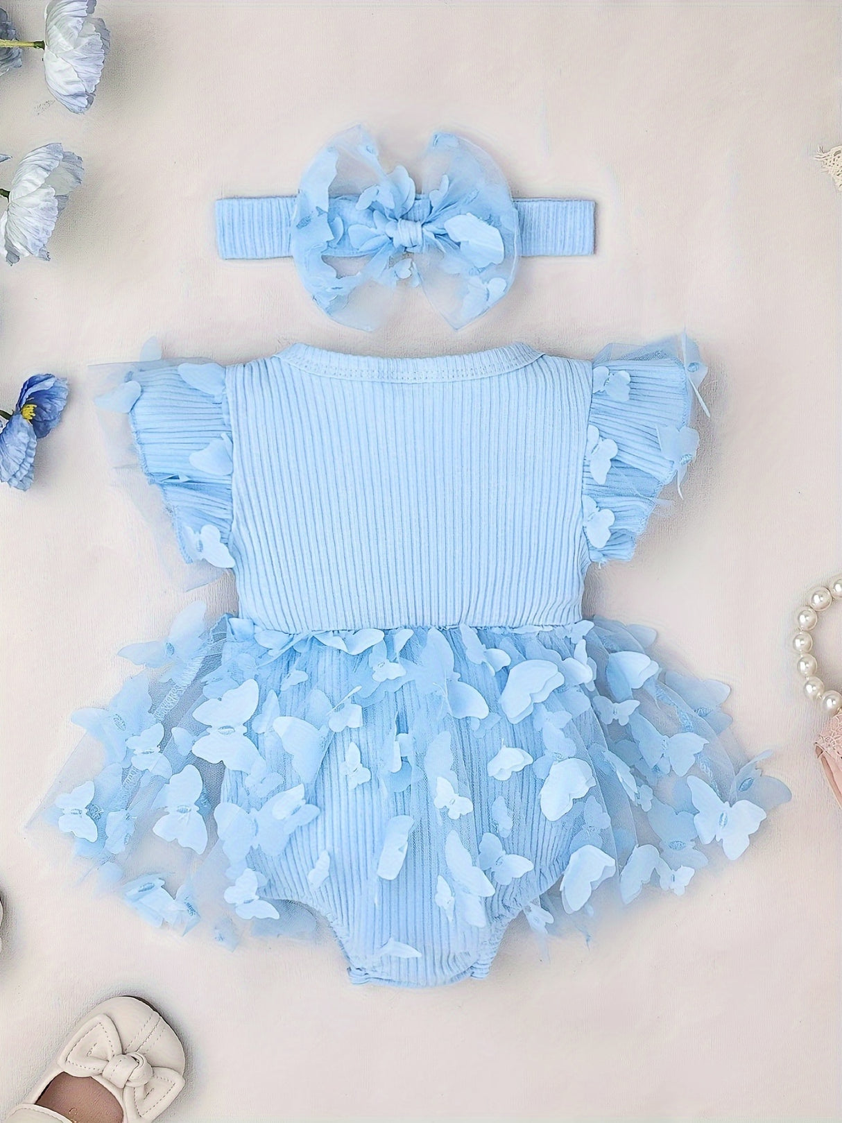 Baby Girl Clothes Cap Sleeve Butterfly Applique Romper Dress+Headband
