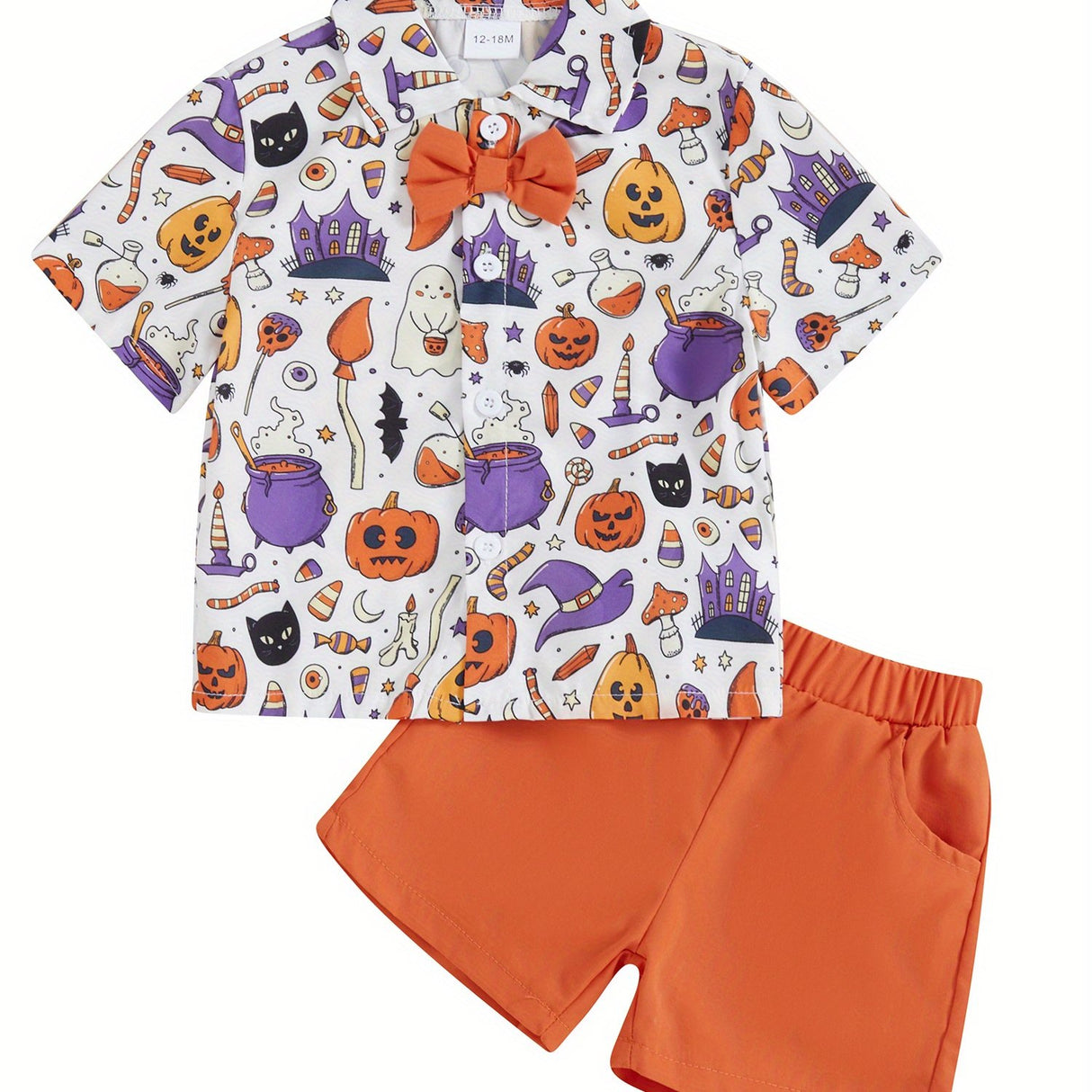 Toddler Boys Halloween Outfits Bowtie Ghost Pumpkin Print Turn-Down Collar Short Sleeve Shirts Tops Shorts 2Pcs Clothes Set
