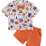 Toddler Boys Halloween Outfits Bowtie Ghost Pumpkin Print Turn-Down Collar Short Sleeve Shirts Tops Shorts 2Pcs Clothes Set