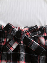 Girl's Trendy 3pcs, Ribbed Long Sleeve Top & Hat & Belted Skirt Set, Plaid Pattern Casual Outfits, Kids Clothes For Spring Autumn