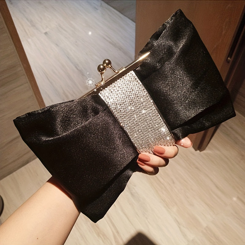 Rhinestone Decor Fashion Clutch Bag, Kiss-Lock Metal Chain Portable Handbag, Women's Purses & Evening Bags