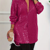 Plus Size Glamour - Sequined, Long Sleeve, Turn Down Collar, Button Up Shirt Dress for Women - Perfect for Party, Evening, and Formal Occasions
