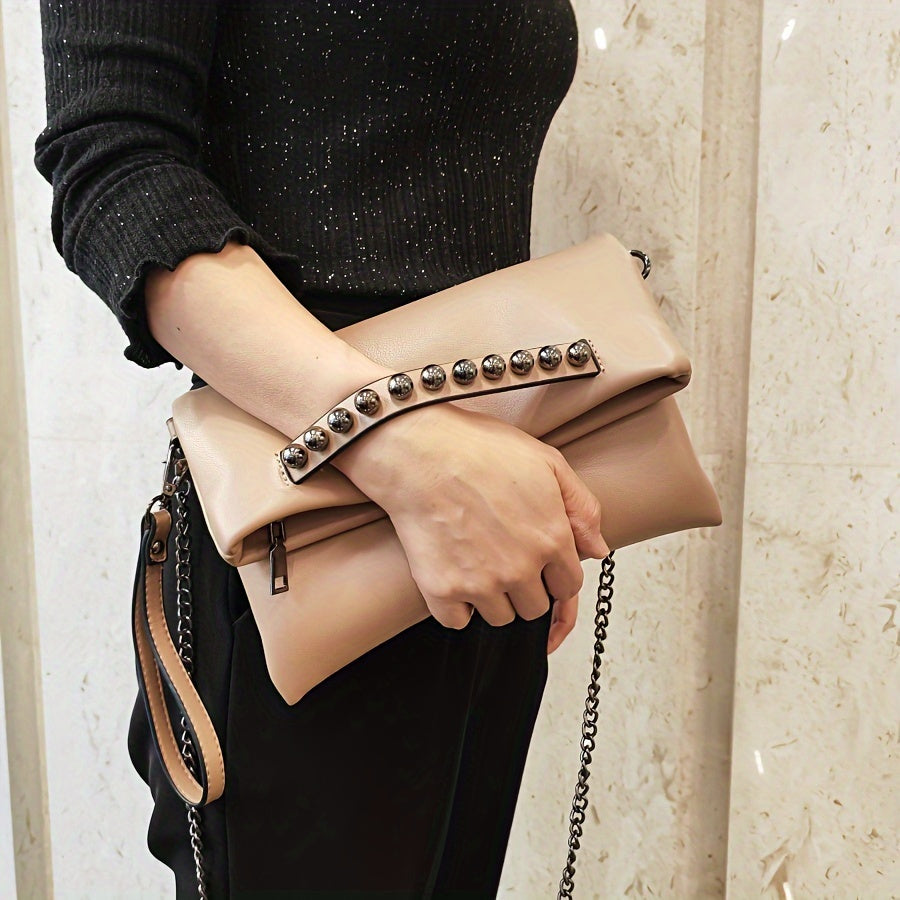 Punk Edge Rivet Clutch Bag - Chic Chain Crossbody - Durable Synthetic Leather Flap Purse for Fashionistas