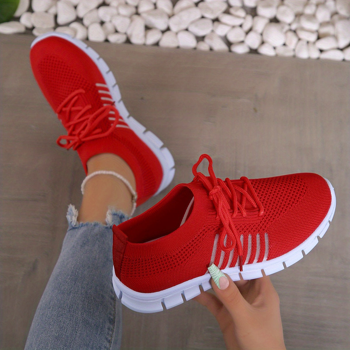 Womens All-Season Lace Up Knit Sneakers - Breathable Mesh Upper, Comfortable Fabric Insole, EVA Sole, Versatile Solid Color Running Shoes for Casual Wear