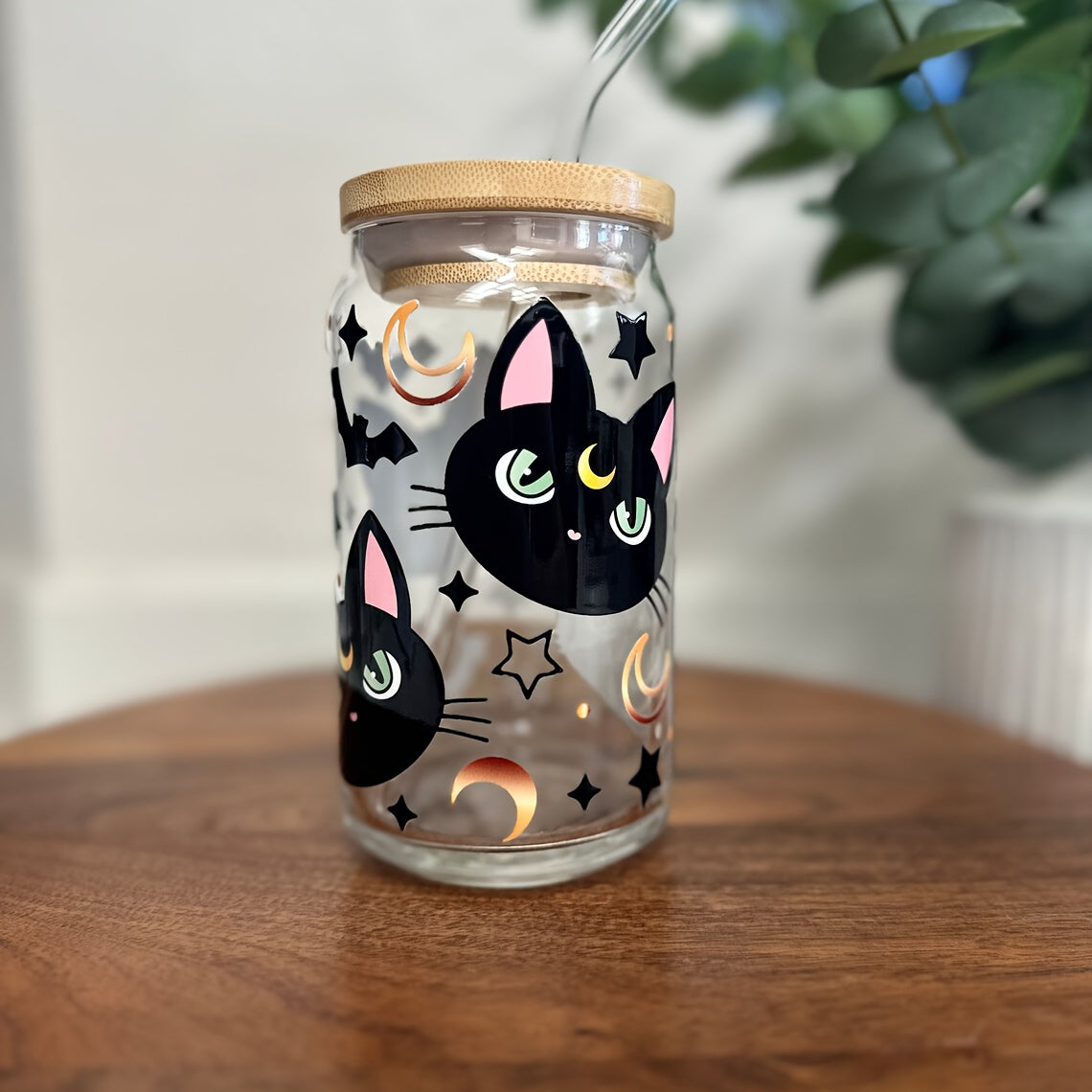 1pc, Cute Black Cat Drinking Glass With Lid And Straw, 16oz Can Shaped Water Cup, Iced Coffee Cup, For Tea, Juice, Milk, Birthday Gifts, Drinkware