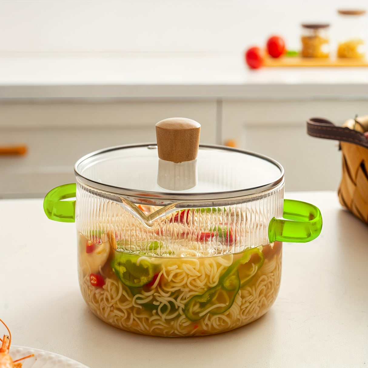 2-Piece Set Glass Cooking Pot With Lid - Transparent Glass, Double Handle - For Cooking Noodles, Pasta, Soup, Milk & More - Suitable for Everyday Cooking - Ideal Gift for Foodies & Home Cooks