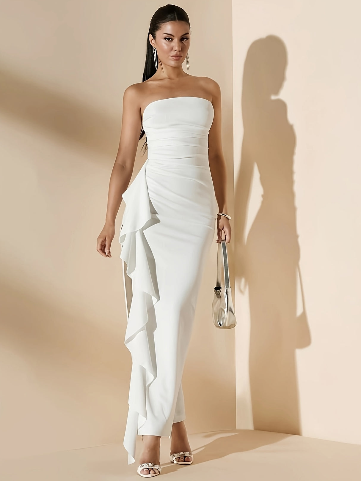 Elegant Off-Shoulder Ruched Ruffle Trim Split Thigh Bodycon Dress for Women - Solid White, Perfect for Parties & Banquets, Formal Evening Wear | Thigh Slit Dress | Knitted Construction