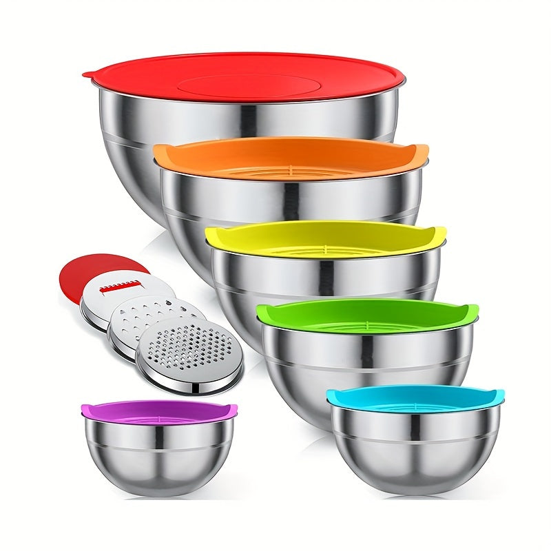 Mixing Bowls With Colorful Airtight Lids, 6 Piece Stainless Steel Metal Bowls With 3 Grater Attachments, Size 4.2, 3.5, 2.5, 2, 1, 0.67QT