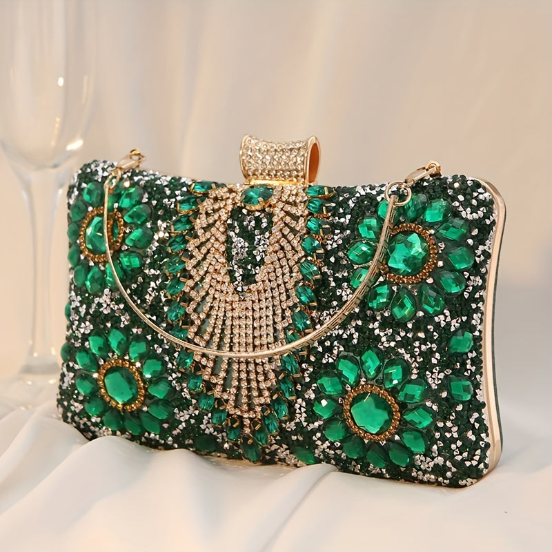 Vintage Glamour Ladies' Cocktail Clutch Bag - Sparkling Rhinestones, PU Leather, Optional Chain Shoulder Strap, Stylish Party Prom Handbag with Classic Design and Timeless Elegance