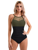 Chic One-Piece Swimsuit for Women - Sexy Mesh Detail, High Stretch Nylon & Spandex Blend, Tummy Control, Machine Washable - Perfect for Beach Vacations