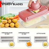 KEMORELA 16 in 1 Vegetable Chopper - Multifunctional Manual Food Slicer - Stainless Steel Blades, Plastic Mandoline Cutter with Interchangeable Grater Inserts - Fruit & Onion Mincer - Kitchen Gadget Essentials with Storage Co