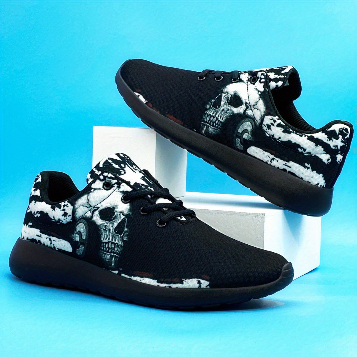 Mens Punk Skull Trendy Running Shoes - Lightweight, Breathable, Comfy, and Stylish for Spring and Summer, Perfect for Halloween and Casual Outdoor Activities