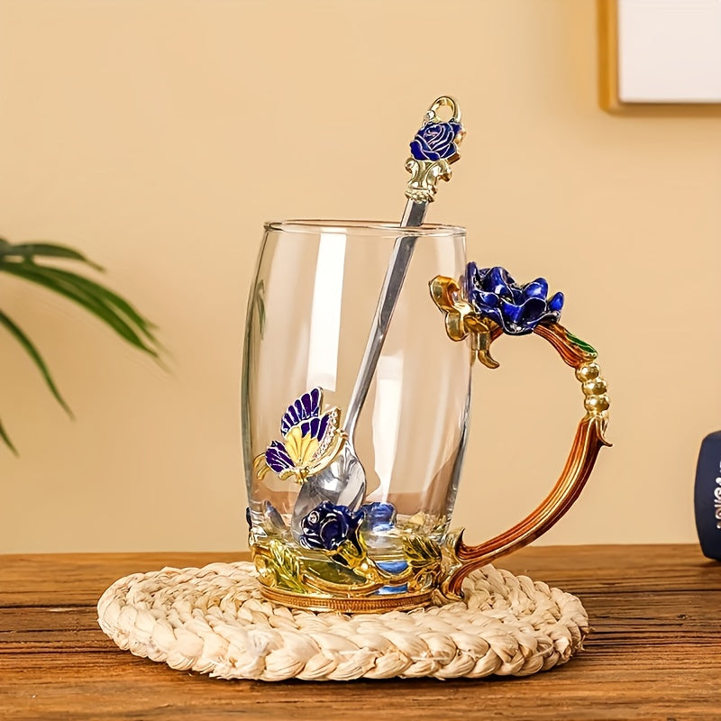 Set, Elegant Flower Pattern Tea Cup With Coaster And Spoon, 350ml/11.8oz Clear Glass Coffee Mug Set - Coffee Cups, Water Cups - For Summer & Winter - Suitable for Home & Office - Perfect Gift for Birthday