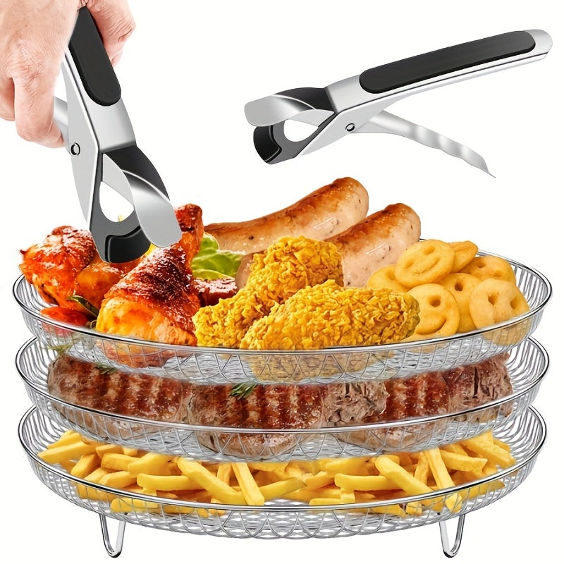 1 Set Air Fryer Accessories, Three-layer Circular Grill Rack, Steam Rack, Stainless Steel Stackable Rack, Dehydration Rack, Barbecue Basket, Barbecue Rack, Drain Basket, Filter Rack, Food Frying Basket, Oil Brush, Food Clip S