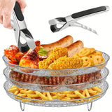 1 Set Air Fryer Accessories, Three-layer Circular Grill Rack, Steam Rack, Stainless Steel Stackable Rack, Dehydration Rack, Barbecue Basket, Barbecue Rack, Drain Basket, Filter Rack, Food Frying Basket, Oil Brush, Food Clip S