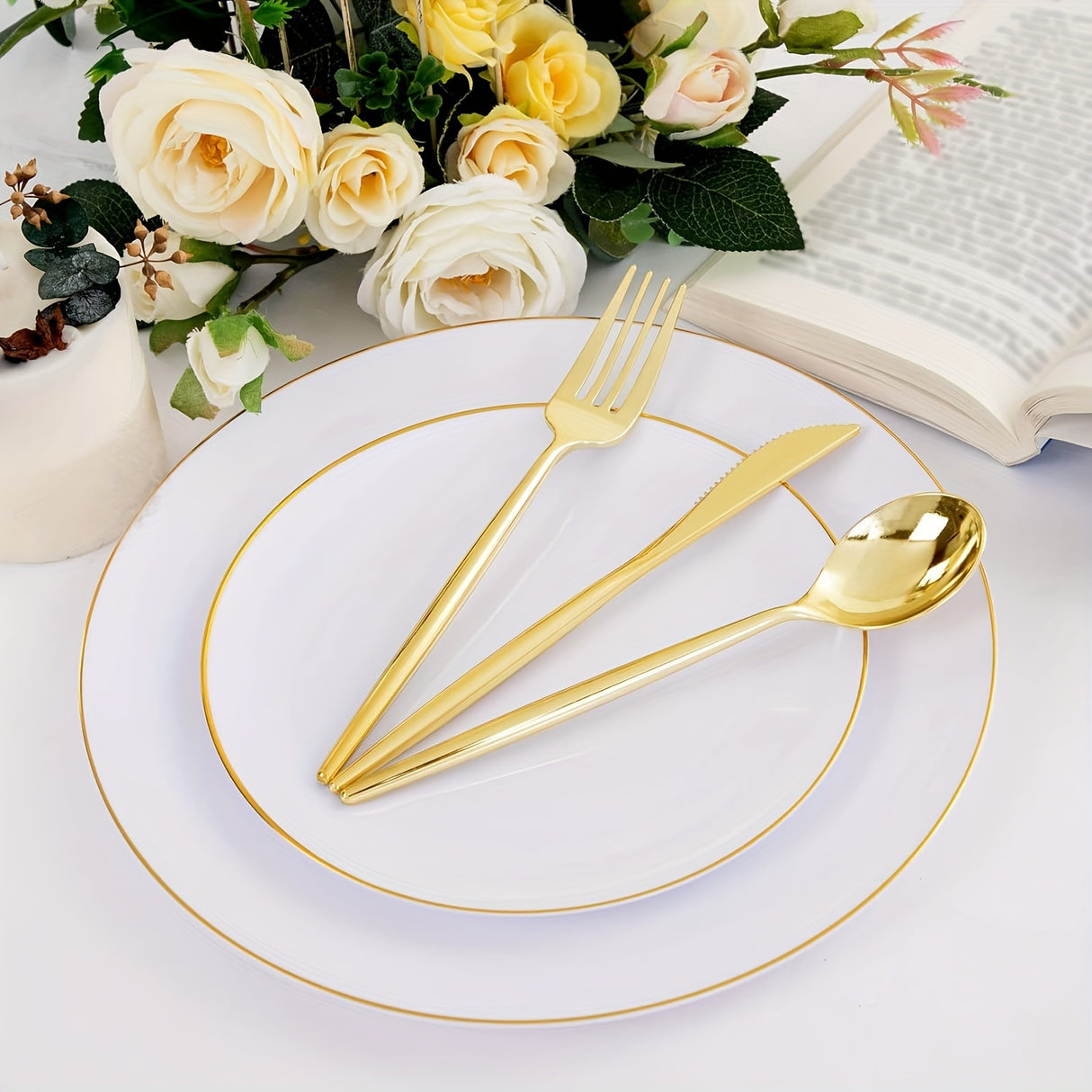 50pcs, Golden Plastic Silverware, Luxury Golden Plastic Cutlery, Heavy Weight Golden Plastic Flatware, Golden Utensils Set Disposable Include Golden Forks, Golden Spoons, Golden Knives For Party