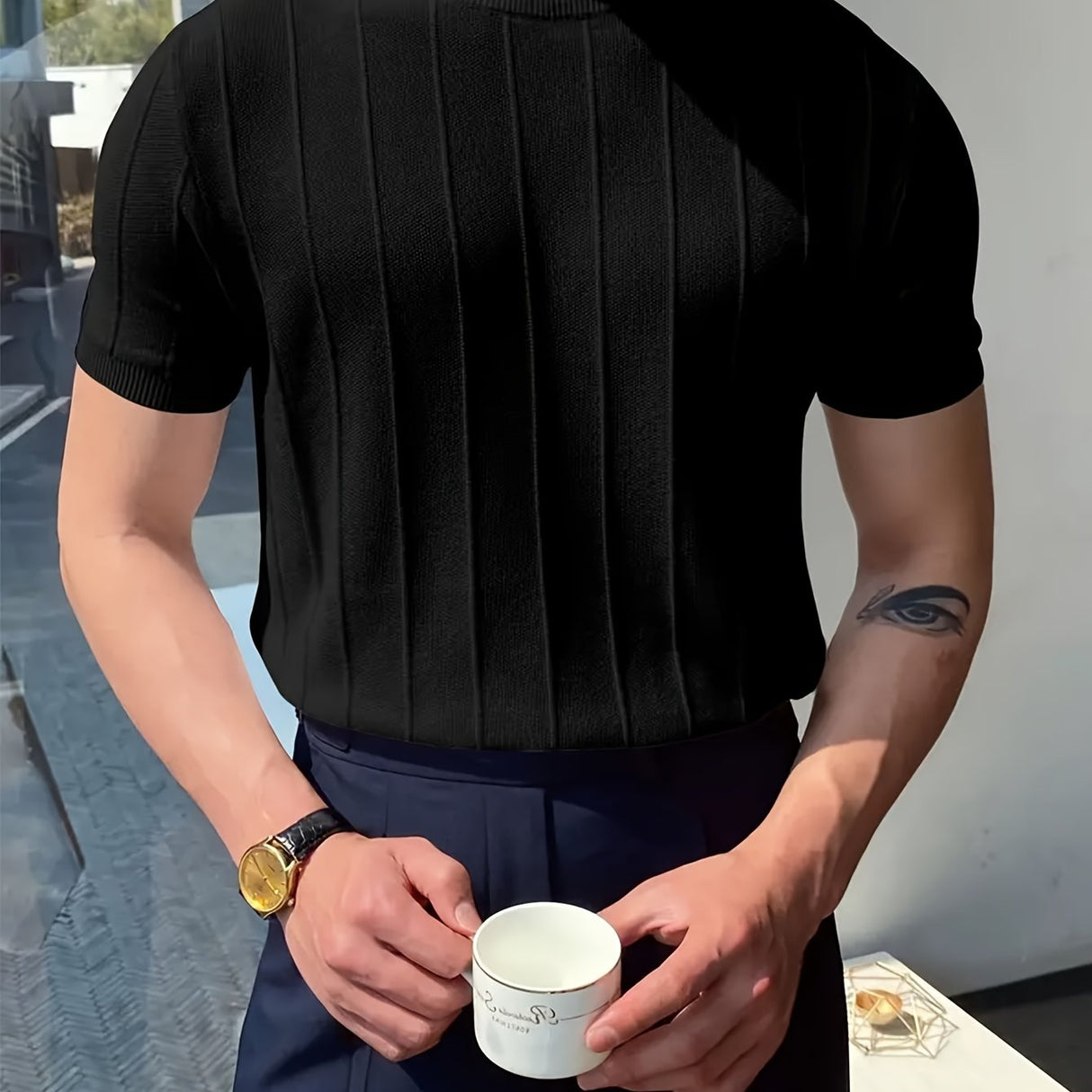 Solid Crew Neck Knitted Short Sleeve Sweater For Men, Casual Summer T-Shirt For Daily Wear And Vacation Resorts