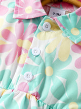 2 pieces of baby girl summer new floral full print lapel cardigan sleeveless jumpsuit+beach sun hat set