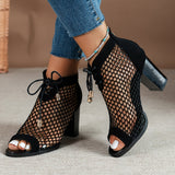 Women's Leopard Print Mesh Block High Heels, Fashion Peep Toe Lace Up & Back Zipper Sandals, Sexy Dress Shoes