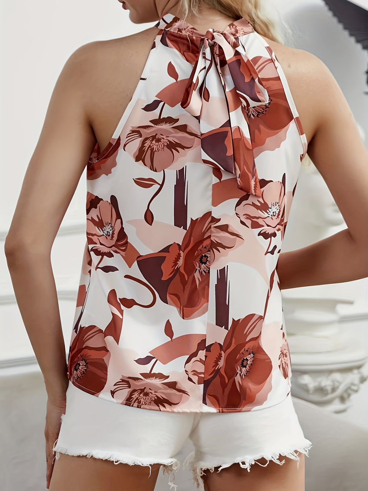 Elegant Sleeveless Floral Print Blouse - Halter Fashion For Spring & Summer - Women's Clothing