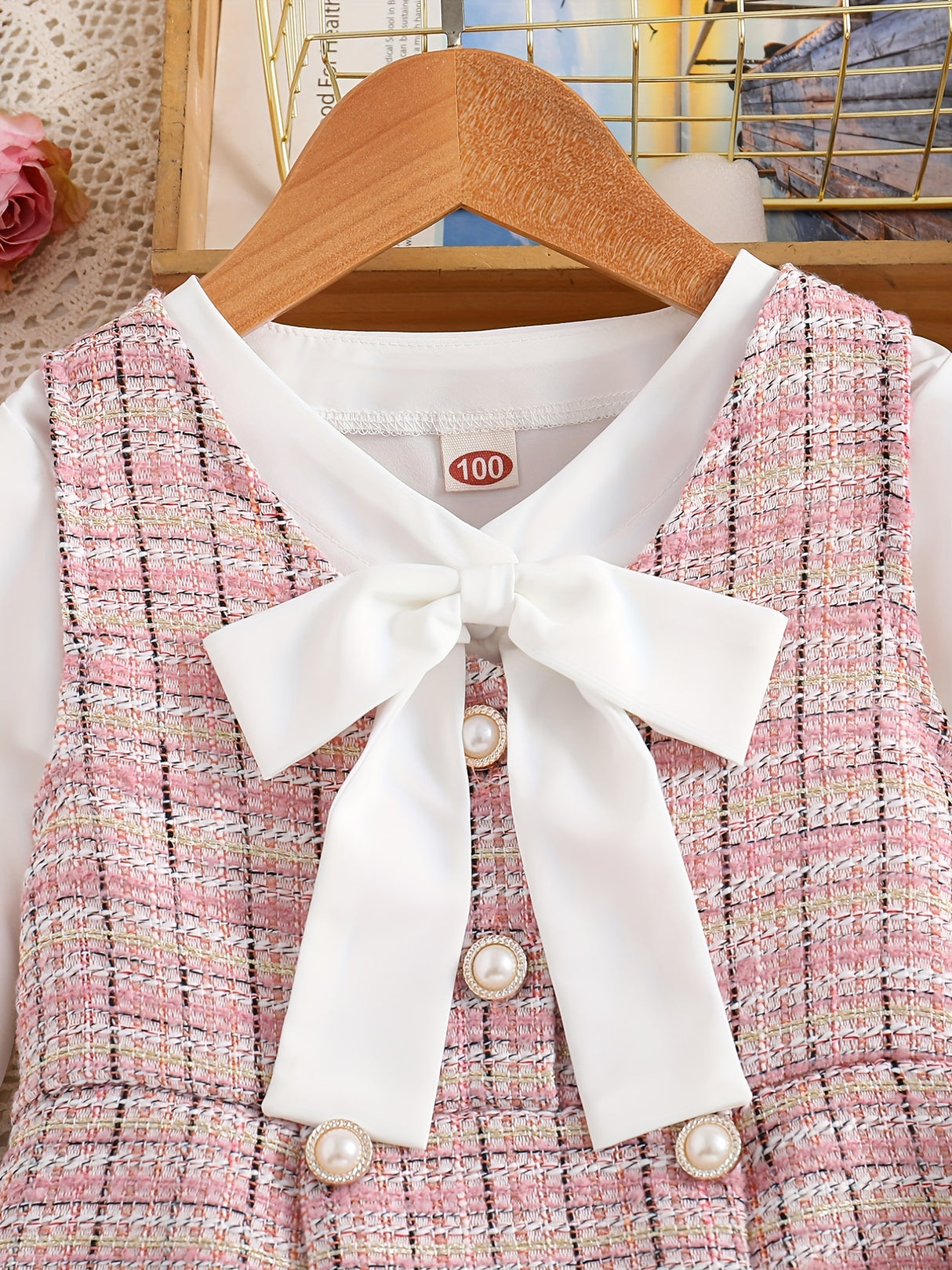 Girl's Elegant 2pcs, Long Sleeve Shirt & Knitted Dress Set, Bowknot Decor Plaid Pattern Casual Outfits, Kids Clothes For Spring Autumn