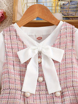 Girl's Elegant 2pcs, Long Sleeve Shirt & Knitted Dress Set, Bowknot Decor Plaid Pattern Casual Outfits, Kids Clothes For Spring Autumn