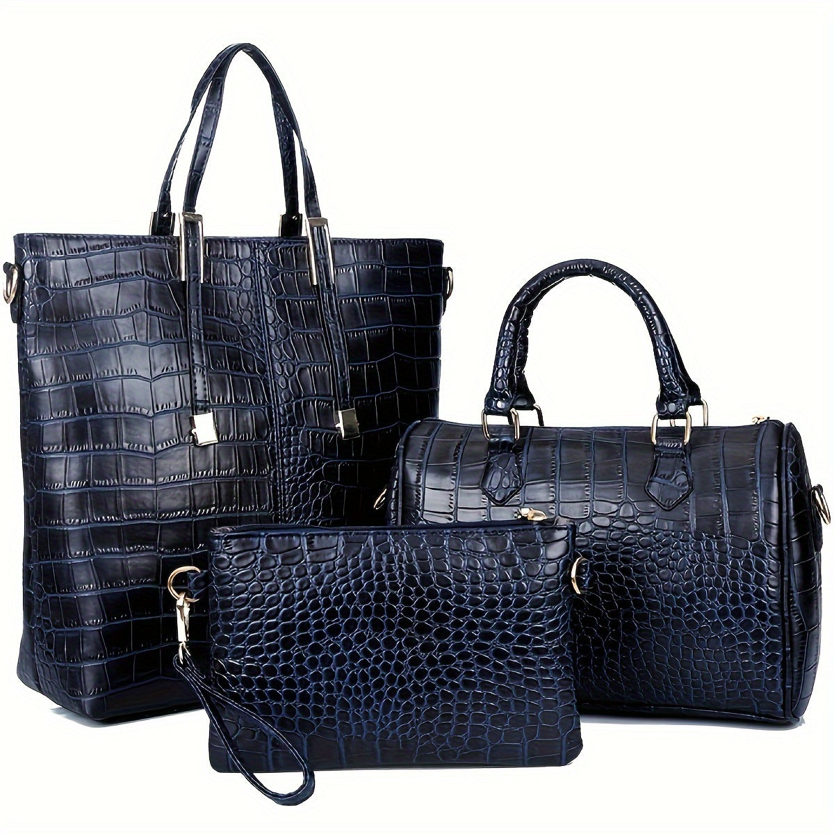 3pcs/set Golden Luxury Top Handle Tote Bag, Crocodile Print Satchel Handbag, Women's Fashion Shoulder Bag, Crossbody Bag & Purse